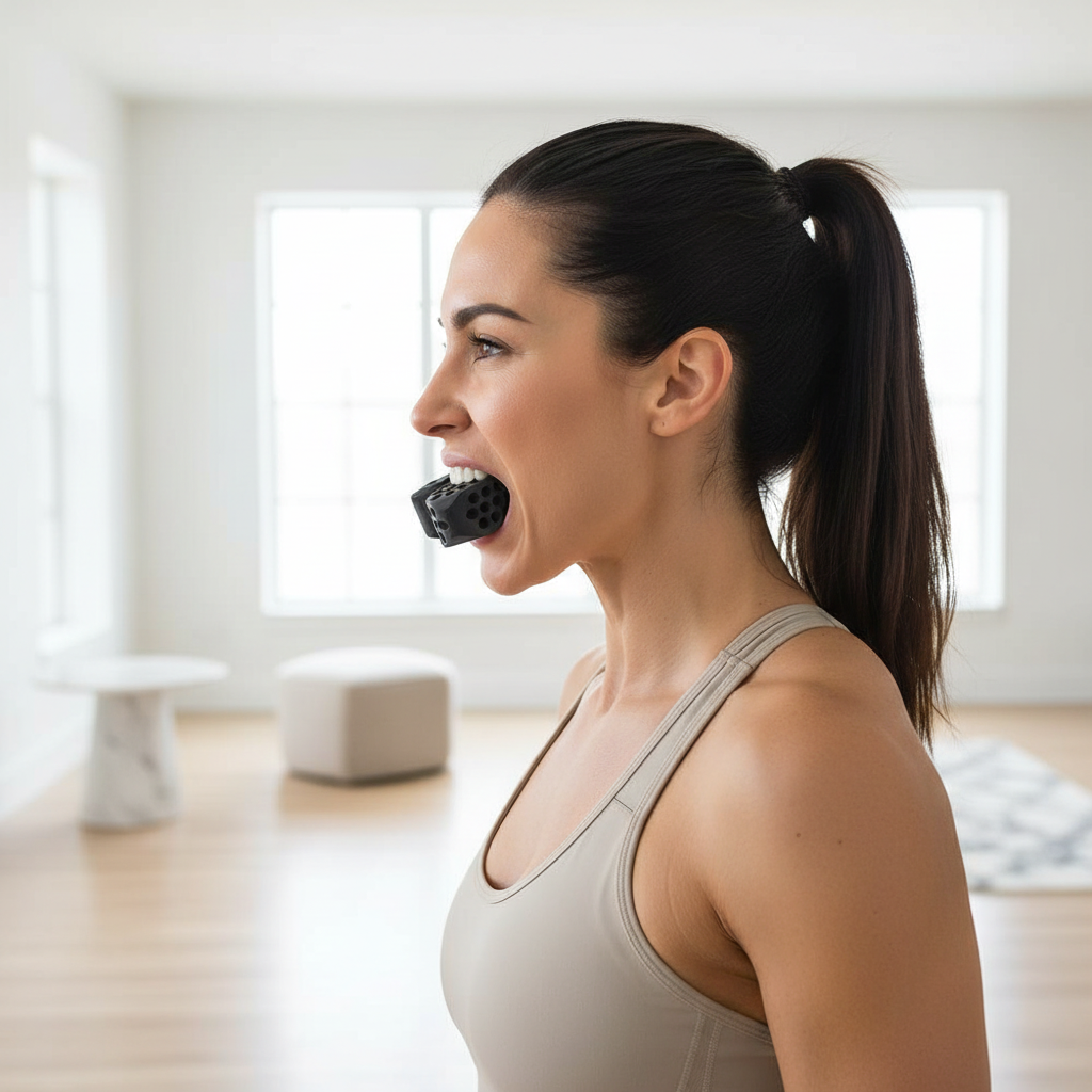 Frau mit beiden Jaw Exercisern - Seitenprofil