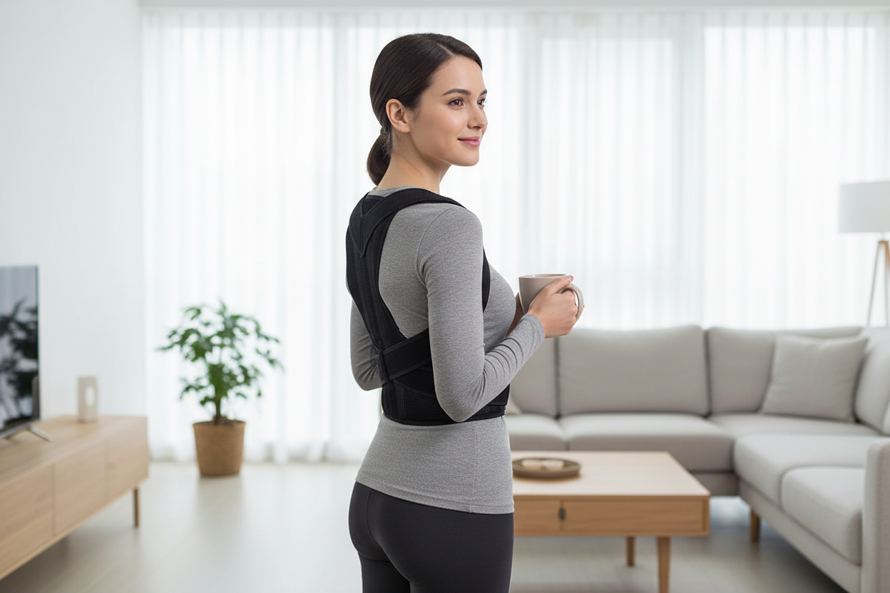 Frau trägt Back Brace unter Kleidung - verbesserte Haltung