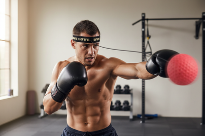 Junger Mann im intensiven Training mit Boxing Speed Ball