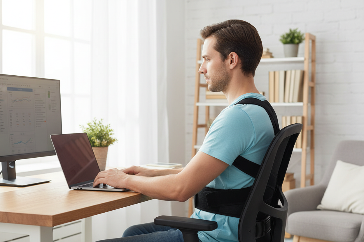 Mann trägt Back Brace im Home Office